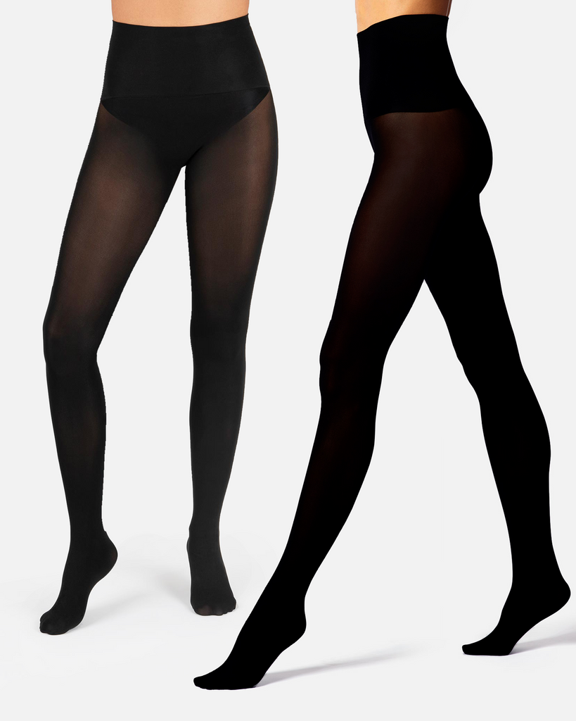 Two women wearing black opaque tights in 60 denier and 100 denier showing how to style opaque black tights
