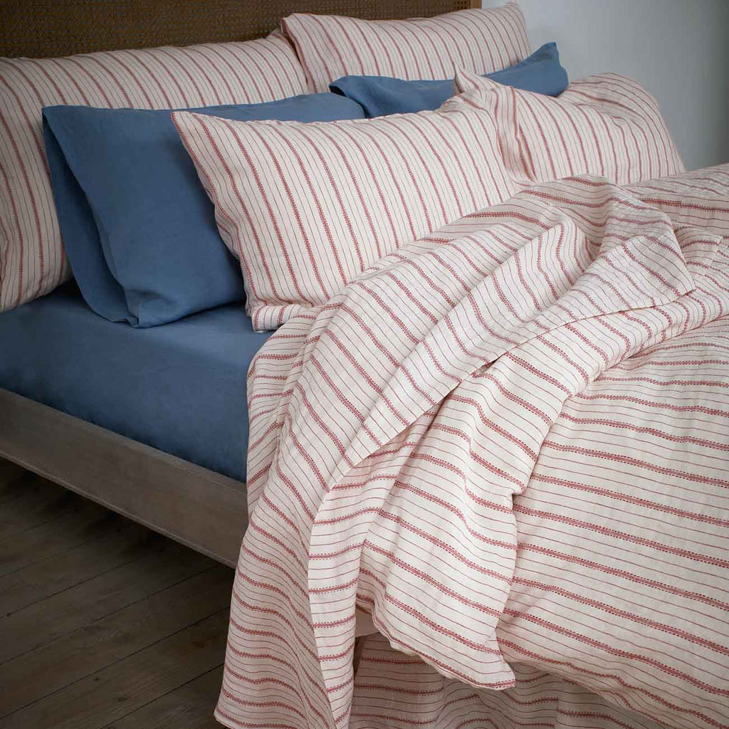 Mineral Red Ticking Stripe and Dusk Blue Bedding