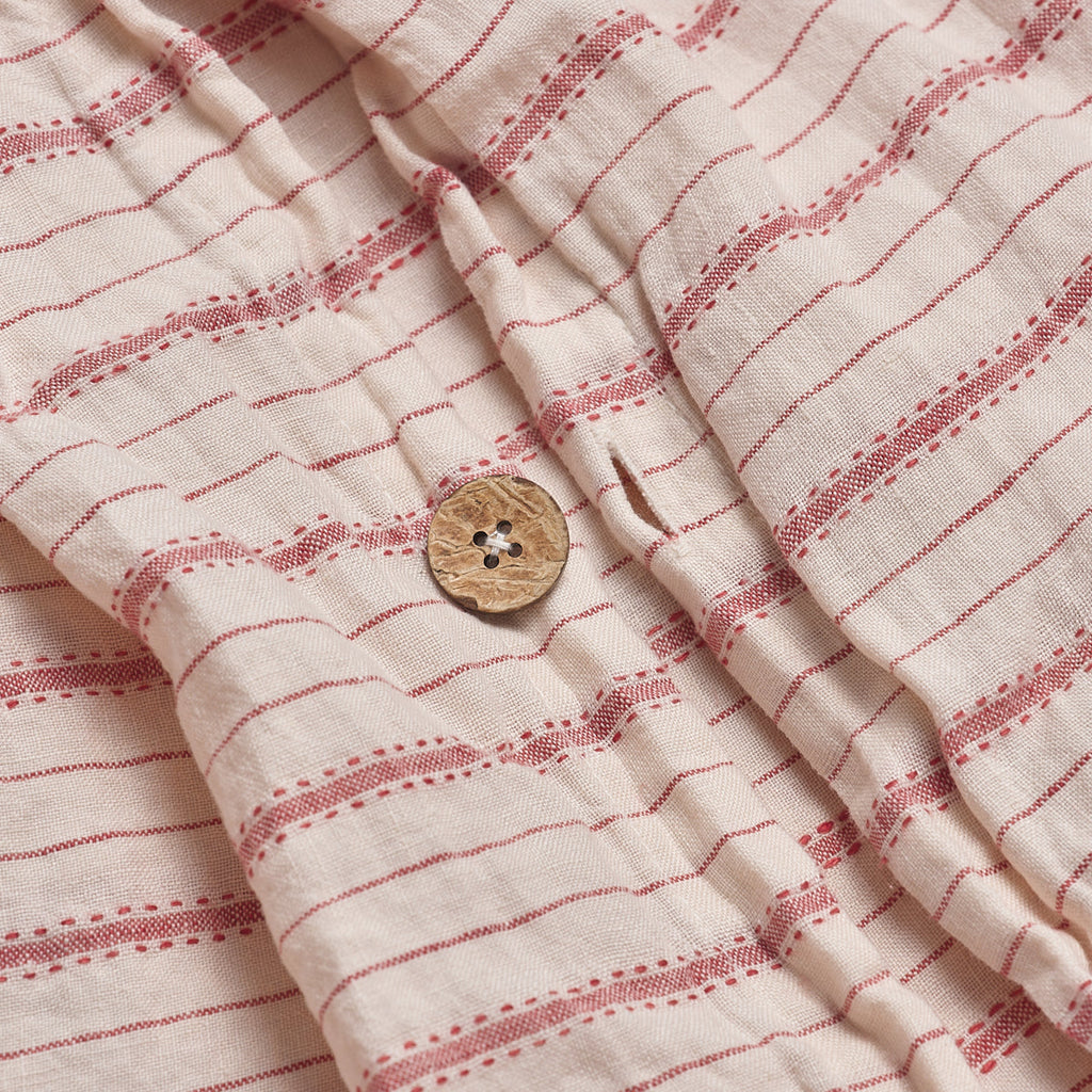 Mineral Red Ticking Stripe Linen Duvet Cover Button Detail