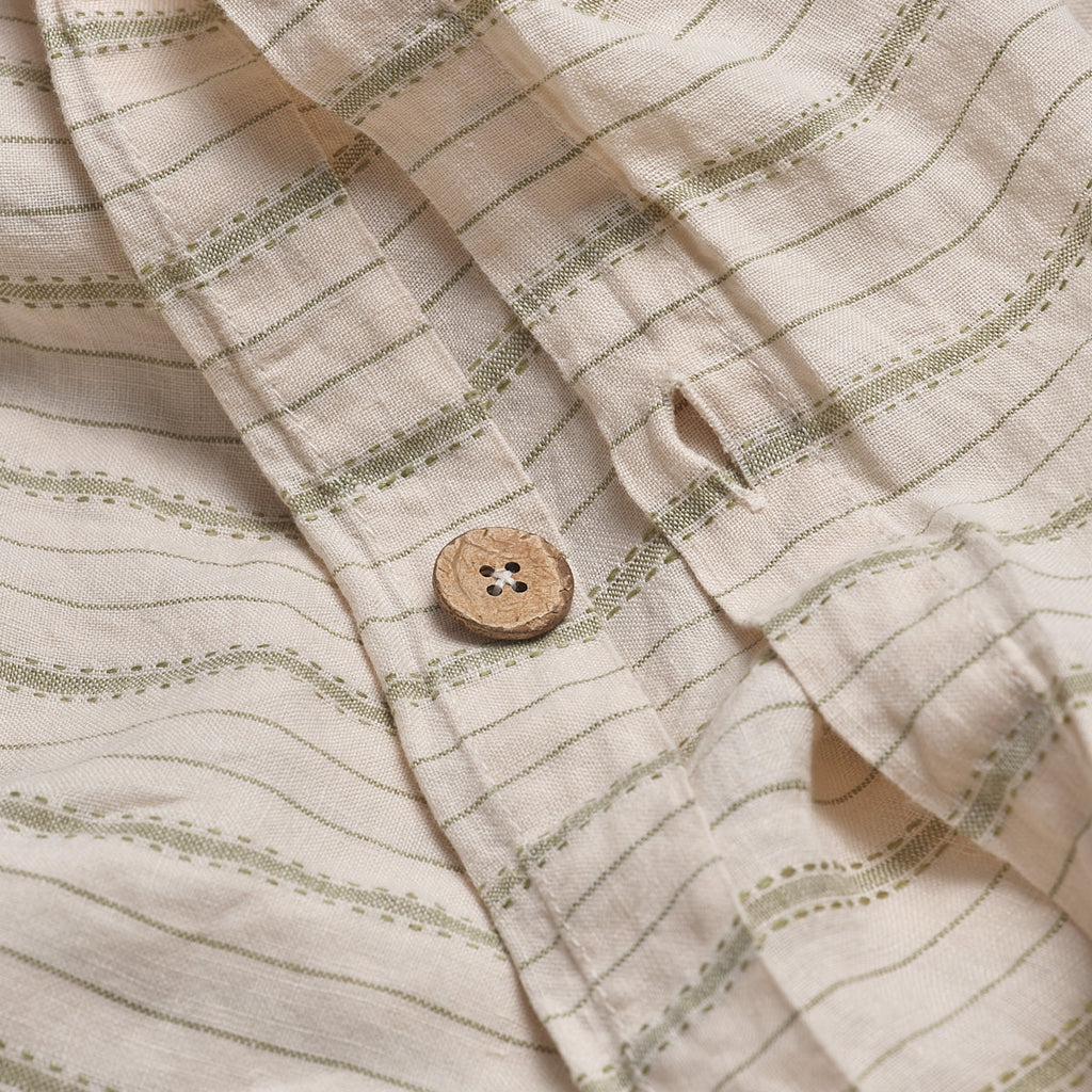Pear Ticking Stripe Linen Duvet Cover Button Detail