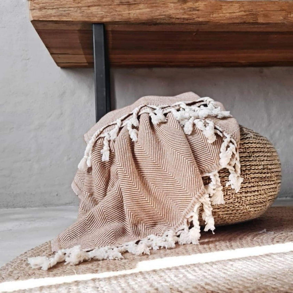 Sema Herringbone Cotton & Wool Blend Blanket Camel - Denim - Blanket